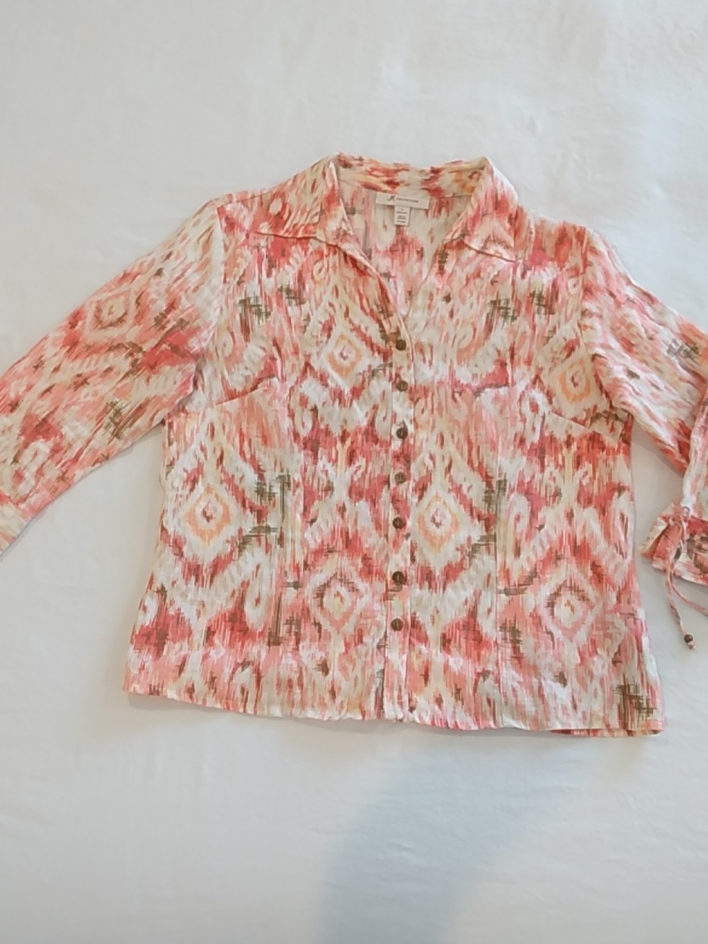 JM Collection Peach, Cream Ikat Button-Down Blouse 100% Linen Coastal Beachy